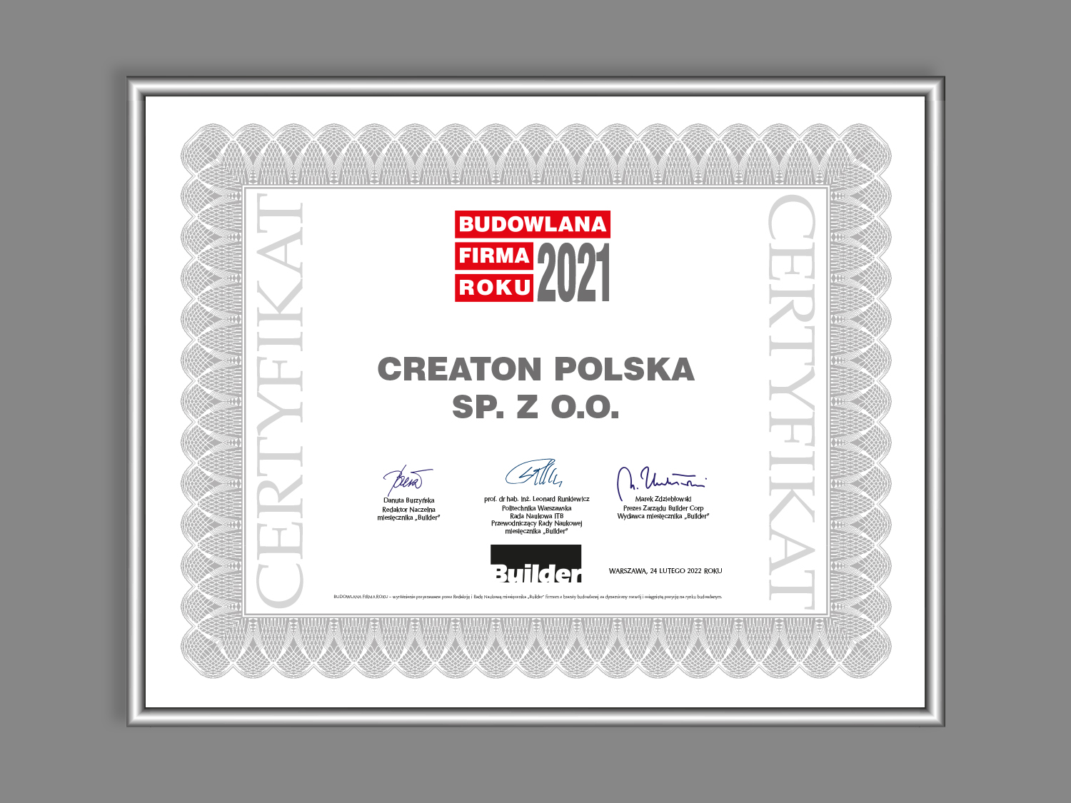 CREATON Polska budowlaną firmą roku 2021 w plebiscycie „Builder Awards” 