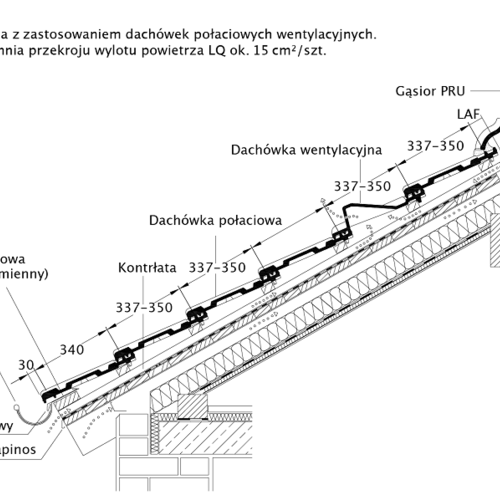 Rysunek techniczny produktu HERZZIEGEL - przekrój wzdłużny połaci dachu