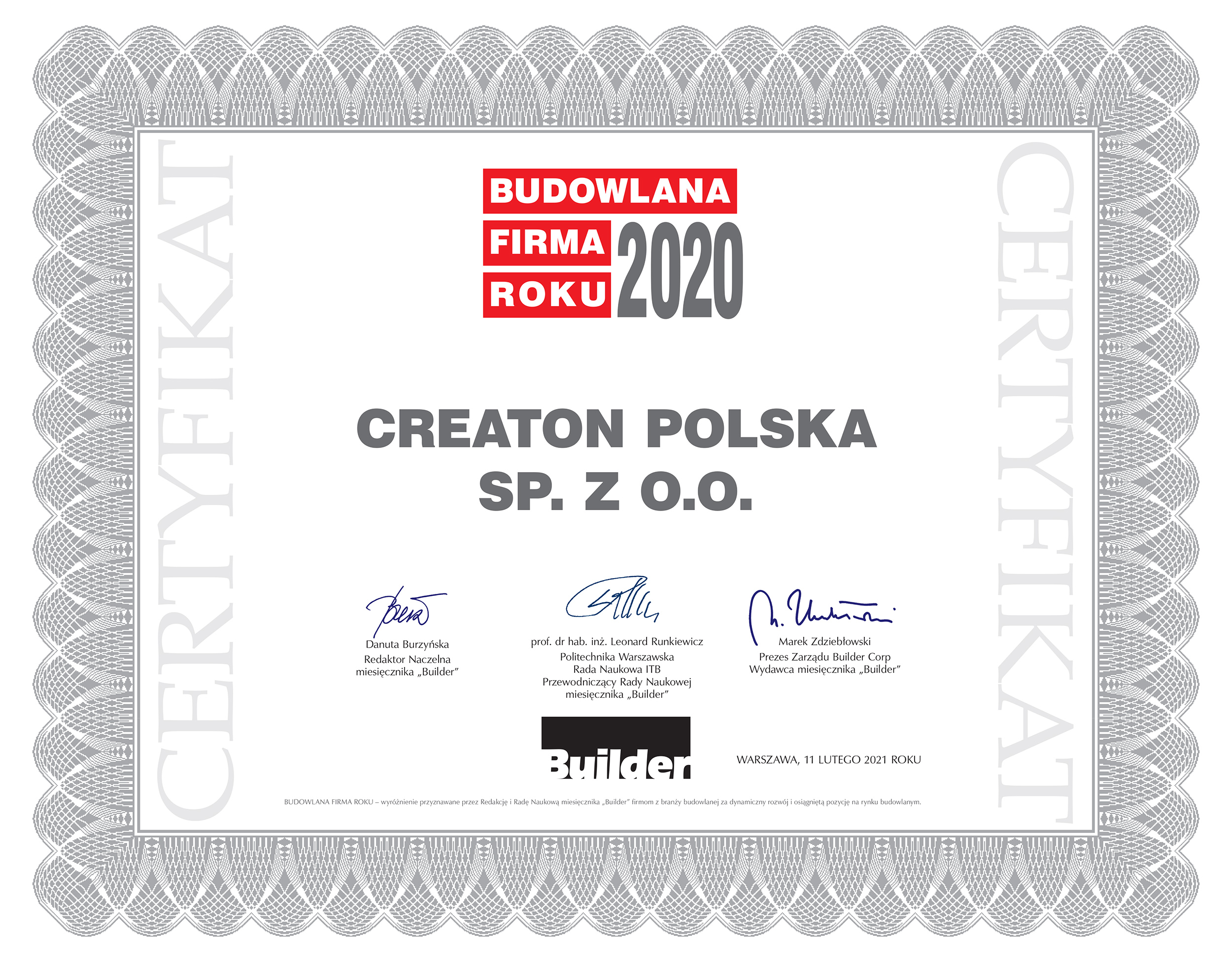 „Budowlana Firma Roku 2020" - CREATON Polska