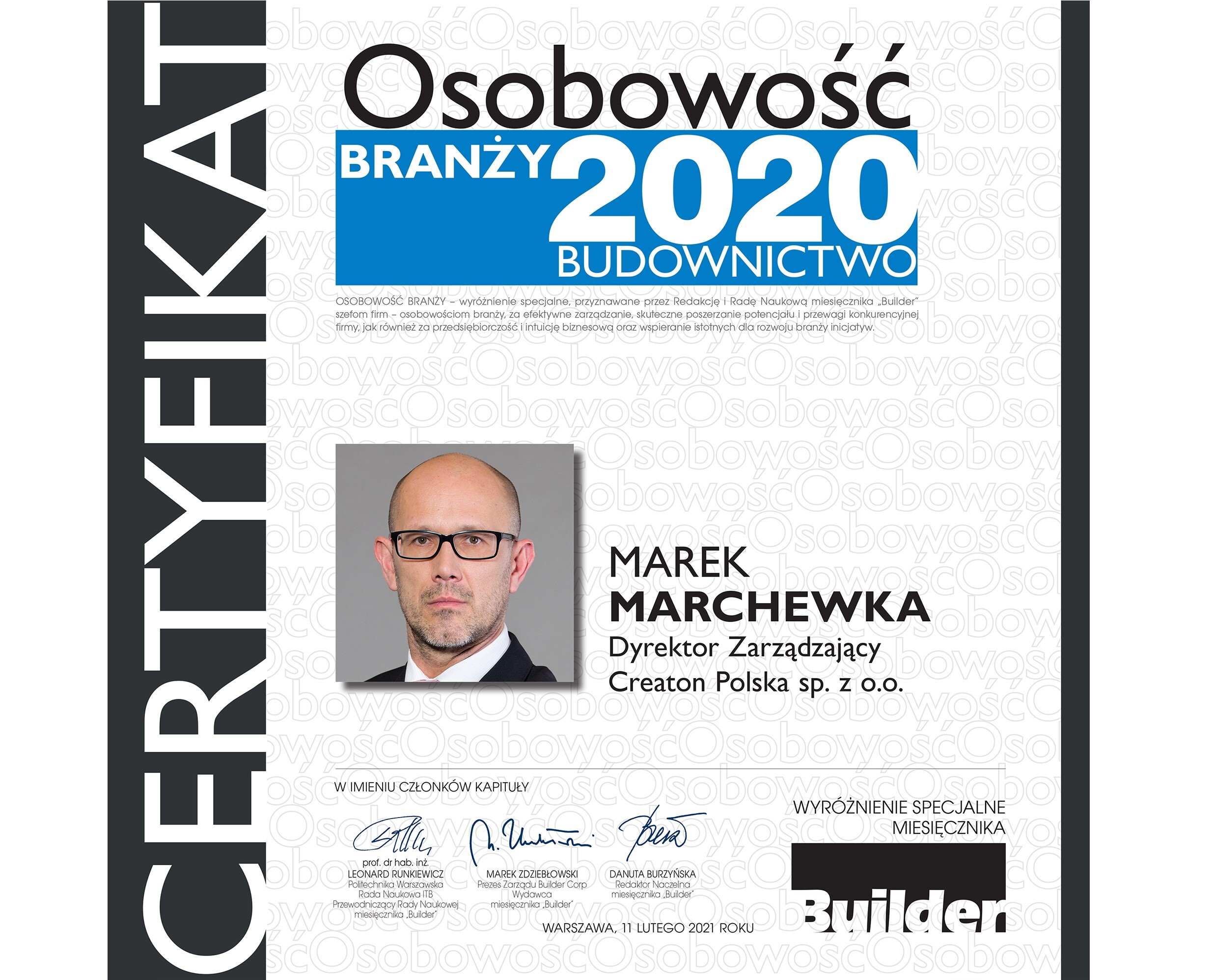 „Osobowość Branży 2020” - Marek Marchewka Dyrektor Zarządzający CREATON Polska 
