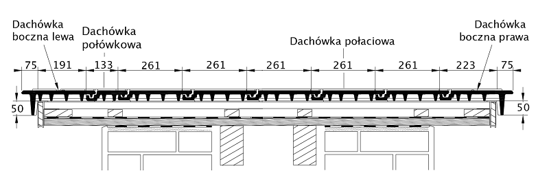 Rysunek techniczny produktu SIMPLA - przekrój poprzeczny połaci dachu