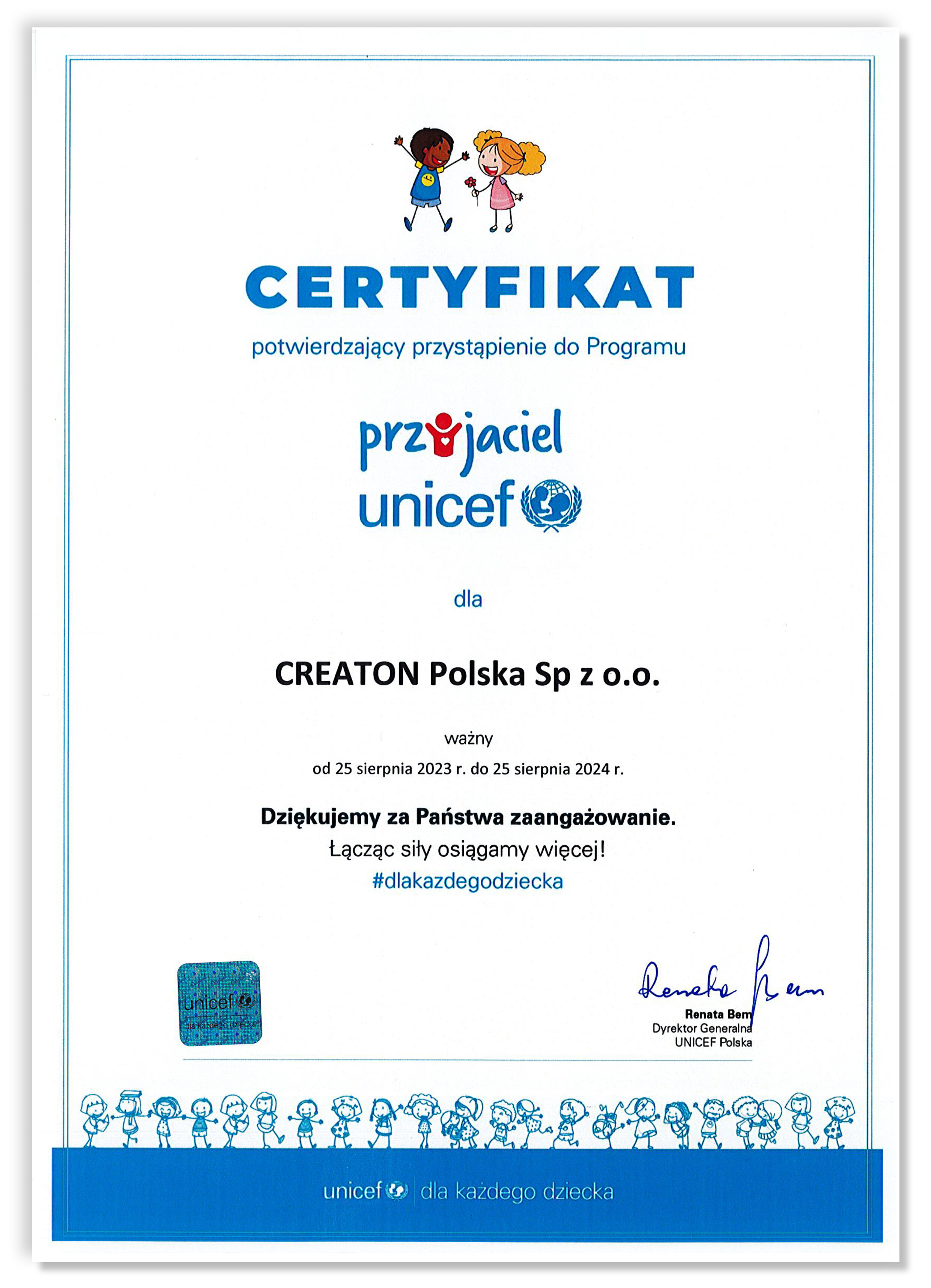 CREATON Polska - certyfikat „Przyjaciel UNICEF”