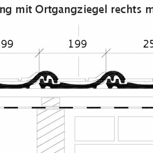 Rysunek techniczny produktu HARMONIE OG dachówka boczna prawa z blachą i dachówka połaciowa ORF